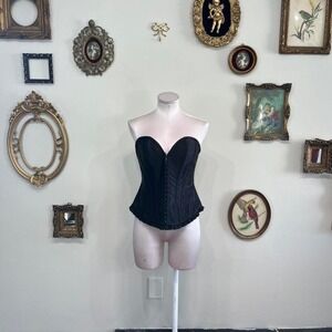 Vintage Victoria's Secret Black Satin Corset Bustier Top – Lace-Up Back